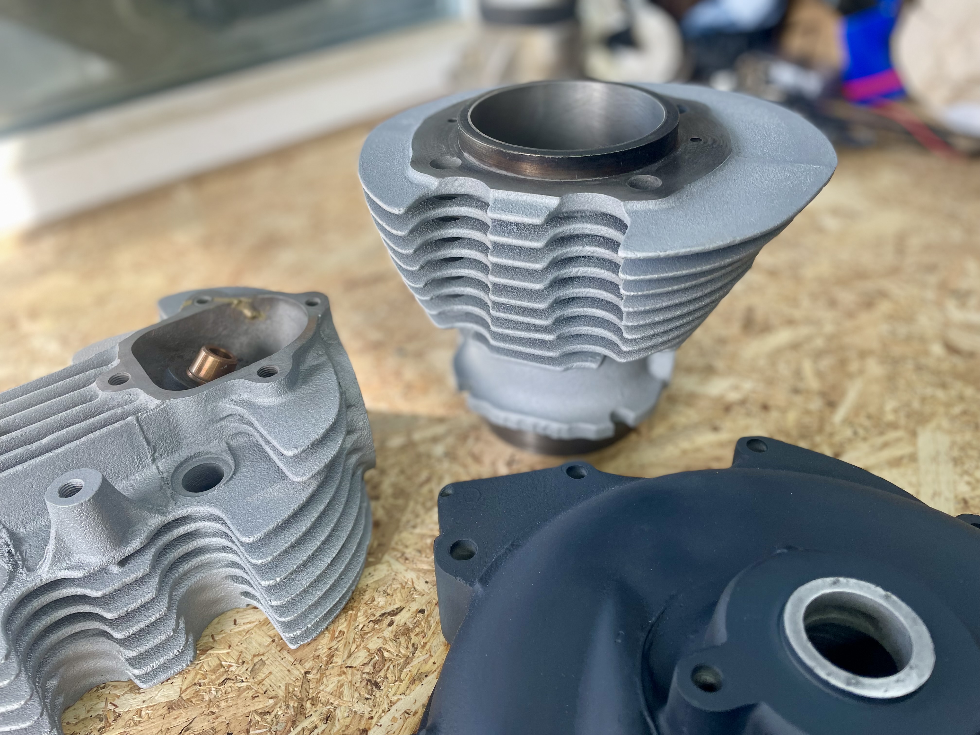 Norton engine completed in high temp satin nickel and magpul stealth grey. and